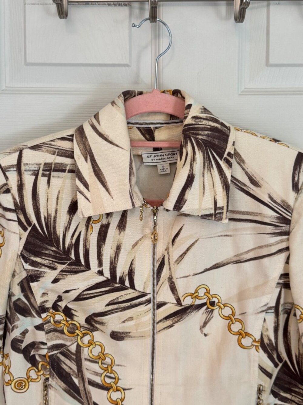 St. John Sport By Marie Gray Palm & Chain Print Jacket Zip-Up Pockets Made In US - Picture 2 of 16